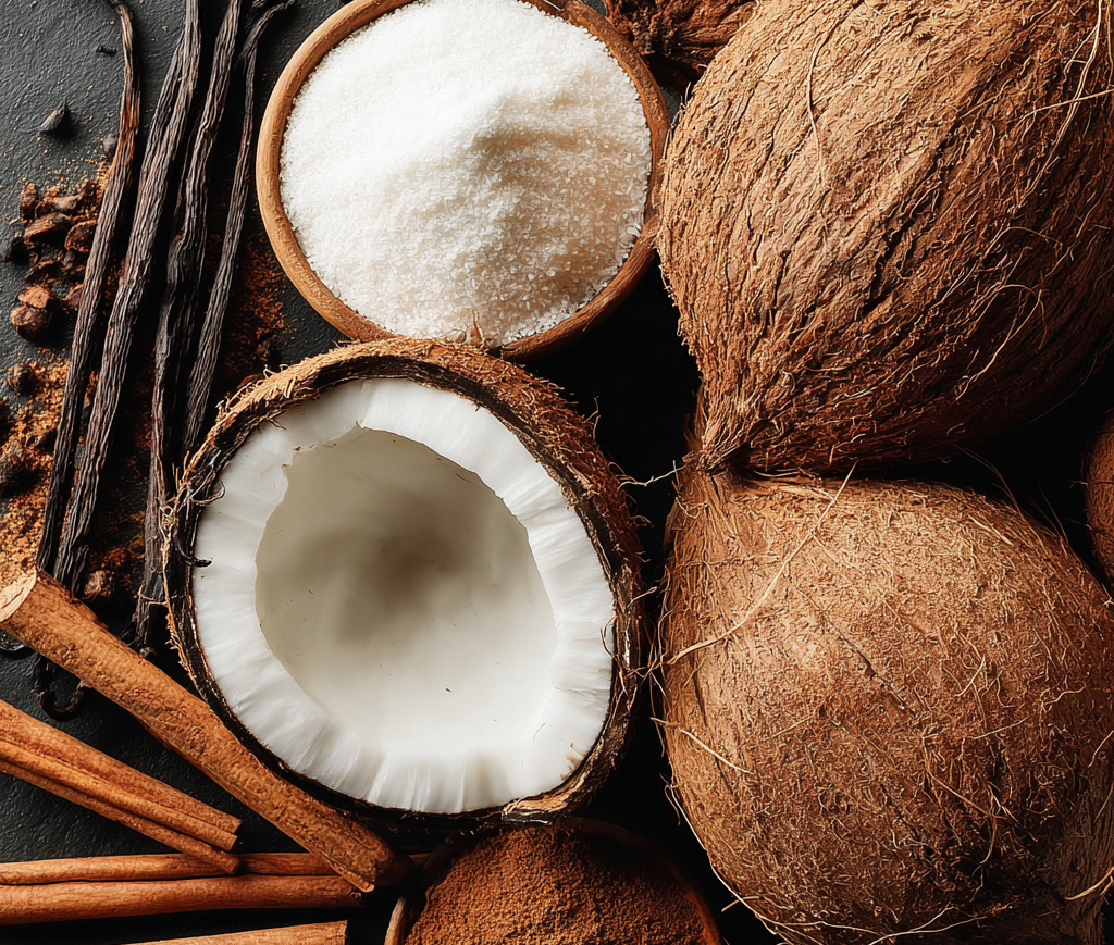 Coconuts, sugar, vanilla beans, and cinnamon sticks on a dark surface