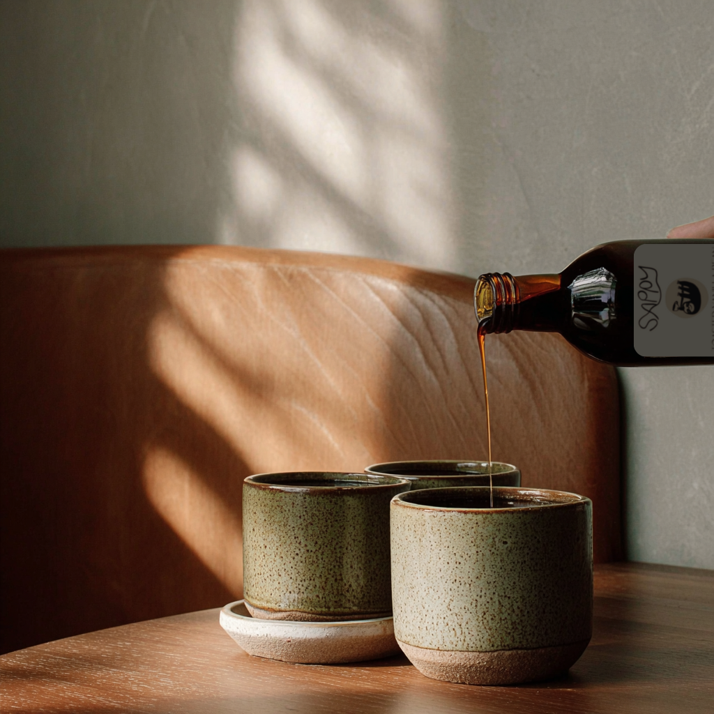 Person pouring Sappy Toasted Vanilla Bean syrup from a bottle into two ceramic cups on a wooden table.
